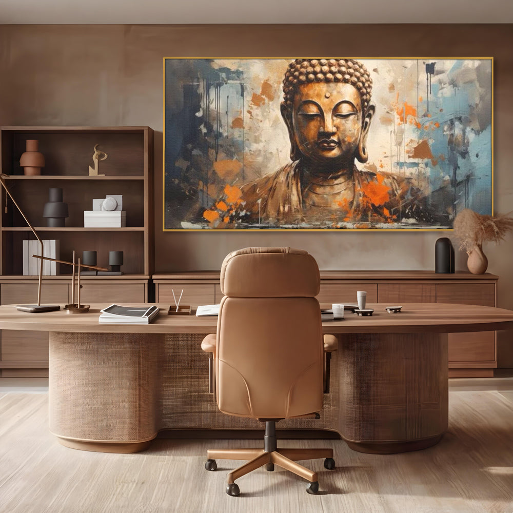 Tablou canvas cu tablou canvas cu bustul lui buddha, in rama de aluminiu auriu, pe perete intr-un birou